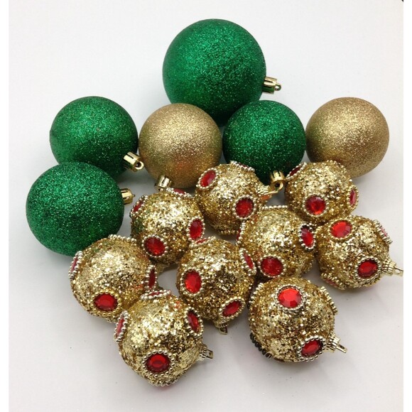 Christmas Tree Ornaments Gold & Green Glitter Shatterproof Med to Large Set / 15 - Picture 3 of 5
